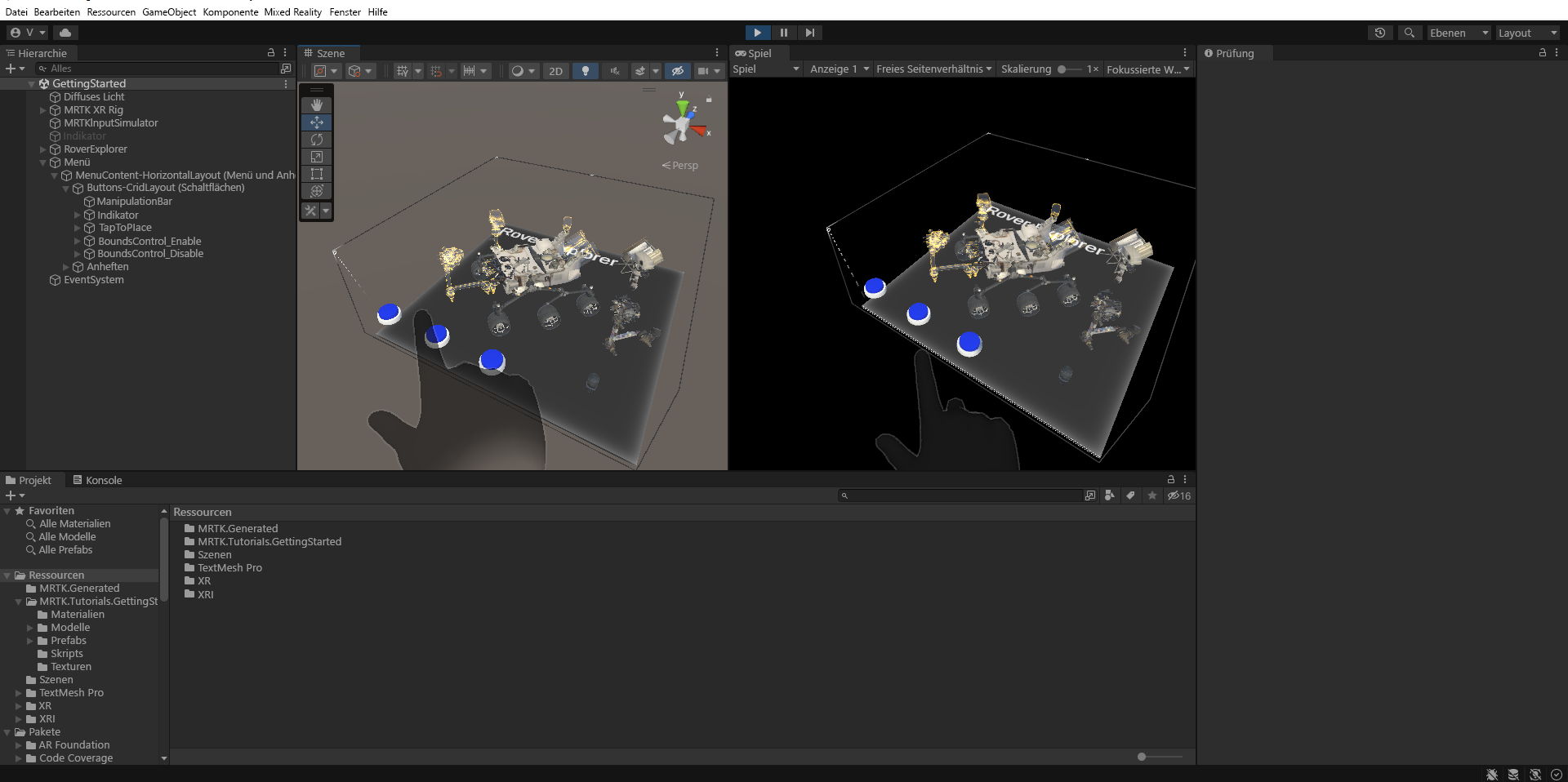 Screenshot: In der geteilten Ansicht von Unity wird „BoundsControl“ im Wiedergabemodus verwendet.
