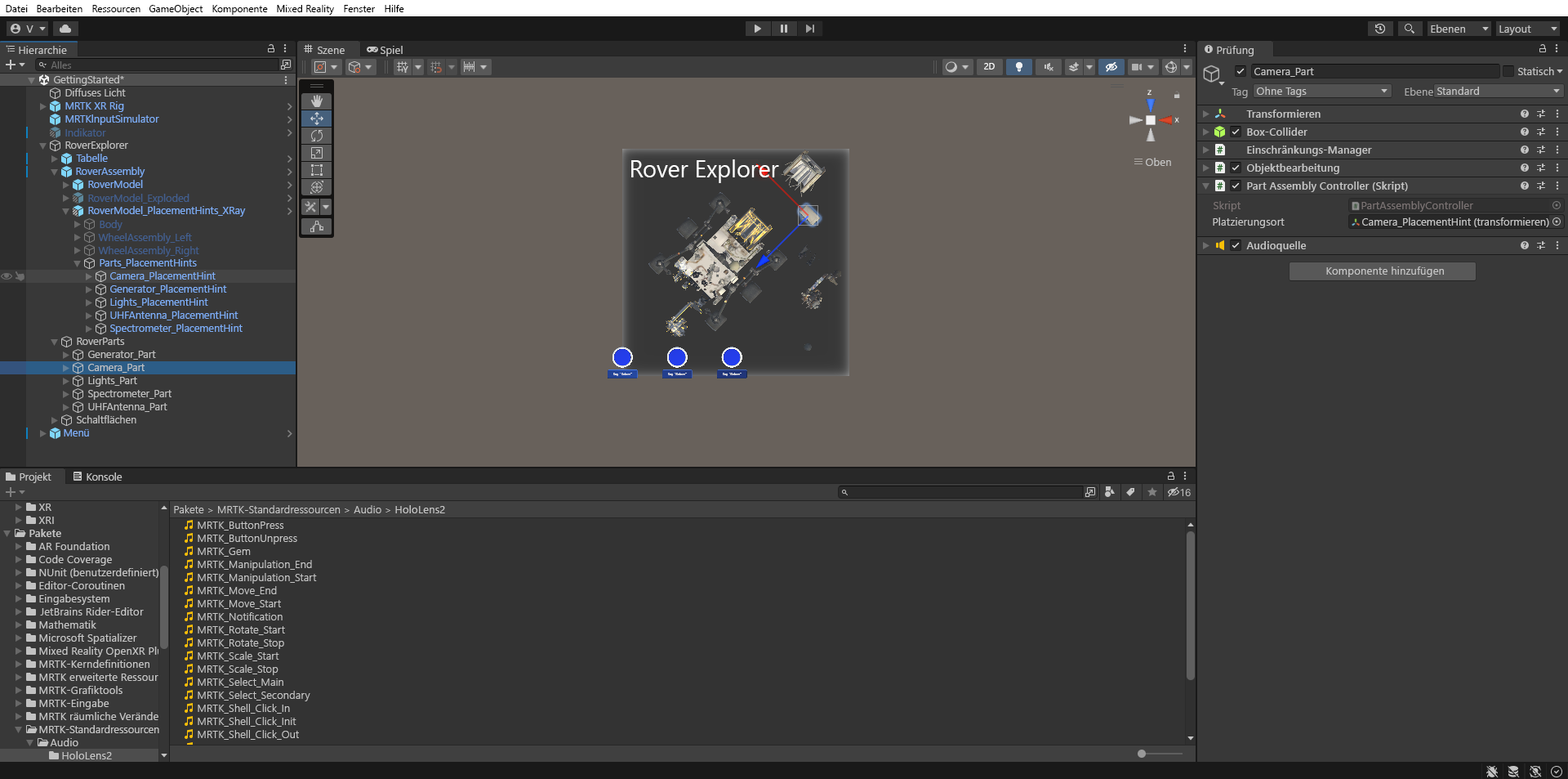 Screenshot von Unity mit konfigurierter Camera_Part PartAssemblyController-Komponente.
