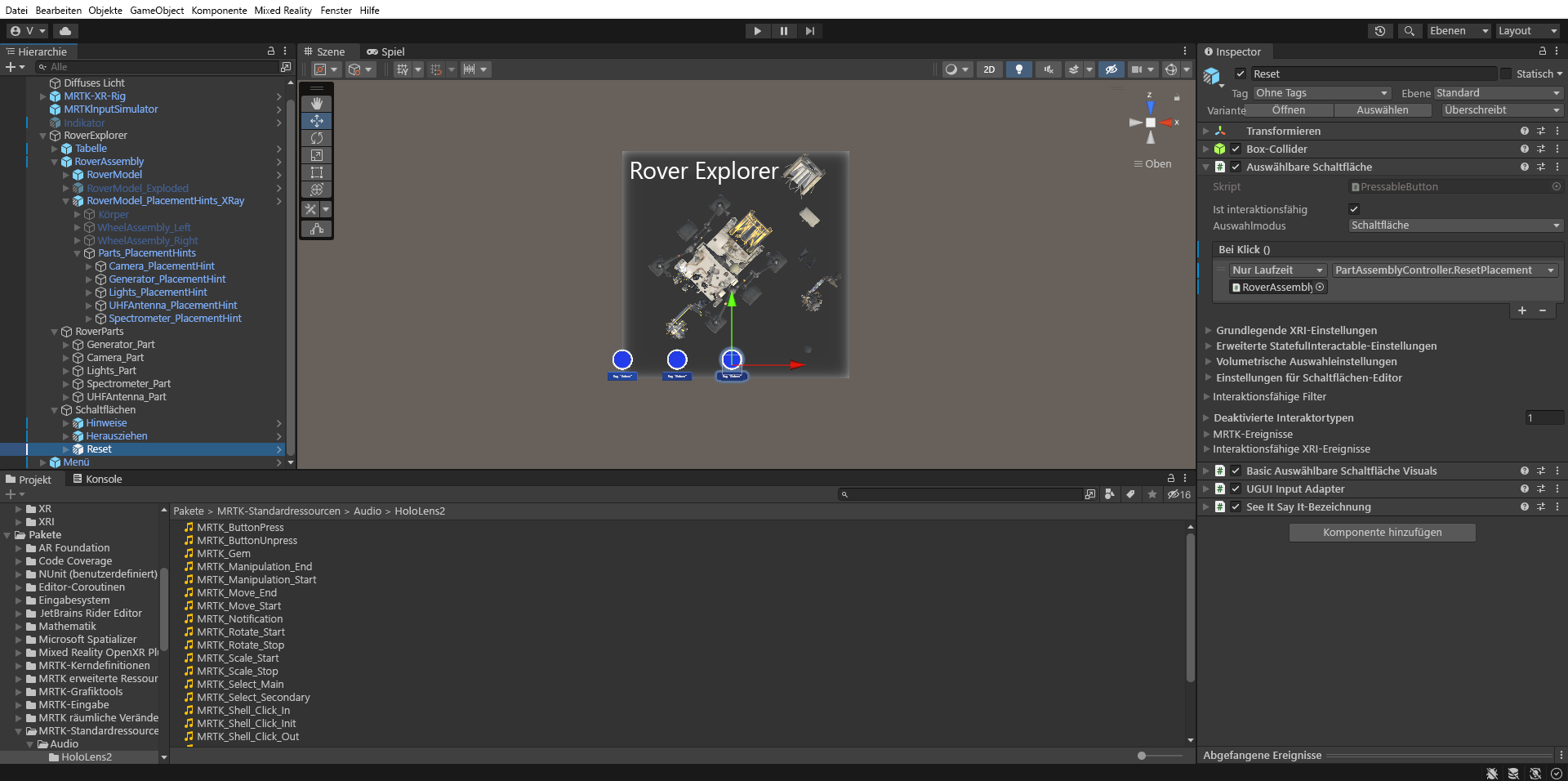 Screenshot: In Unity wurde das „OnClick“-Ereignis des „Reset“-Schaltflächenobjekts konfiguriert.