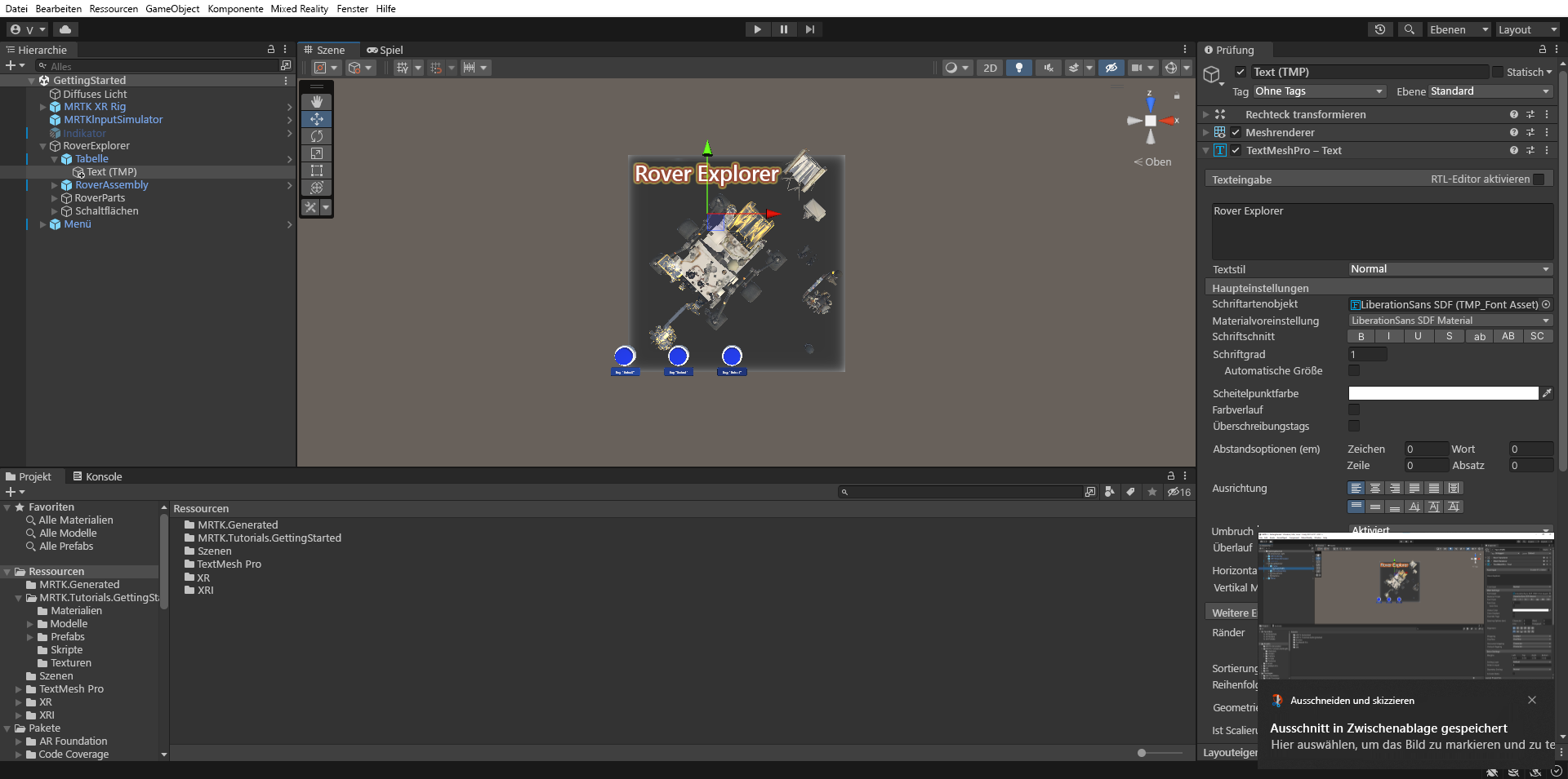 Screenshot von Unity mit konfigurierter TextMeshPro-Komponente.