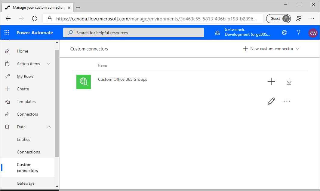 Screenshot der Seite „Benutzerdefinierte Power Automate-Konnektoren“ mit der Auswahl „Benutzerdefinierte Office 365-Gruppen“