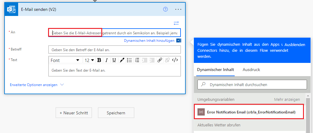 Screenshot von einer Umgebungsvariablen in einem Aktionsschritt zum Ersetzen eines hartcodierten Werts