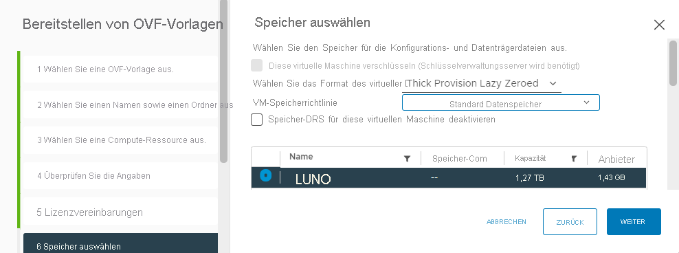 Screenshot der Auswahl des Speichers für die lokale VMware HCX Connector-Appliance.