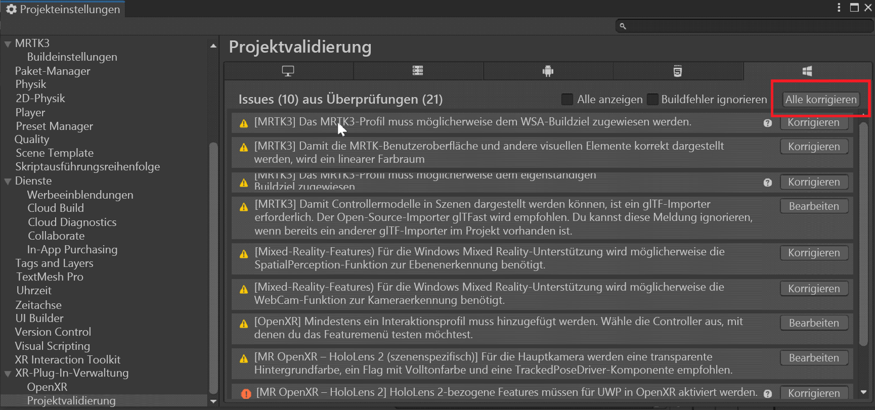 Screenshot: „Fix All“ (Alle korrigieren)