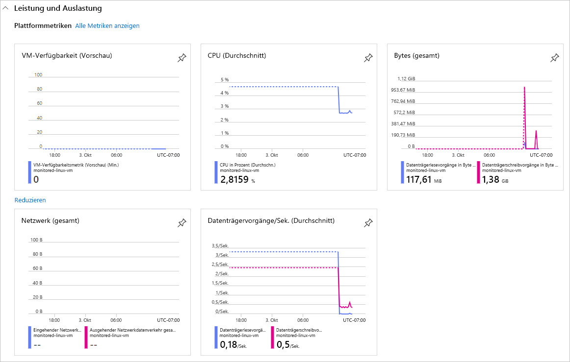 Screenshot, das die Grafik der Plattform-Metriken auf der VM-Übersichtsseite zeigt.