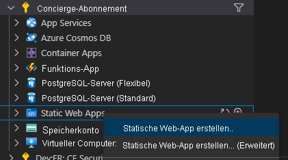 Screenshot, der zeigt, wo eine Web-App erstellt werden soll.