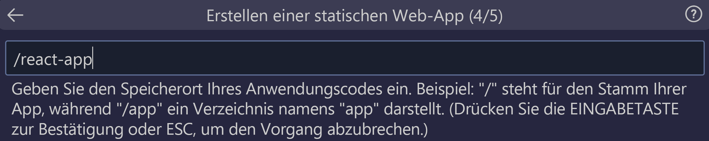 Screenshot: Codespeicherort, der als React-App eingegeben wurde