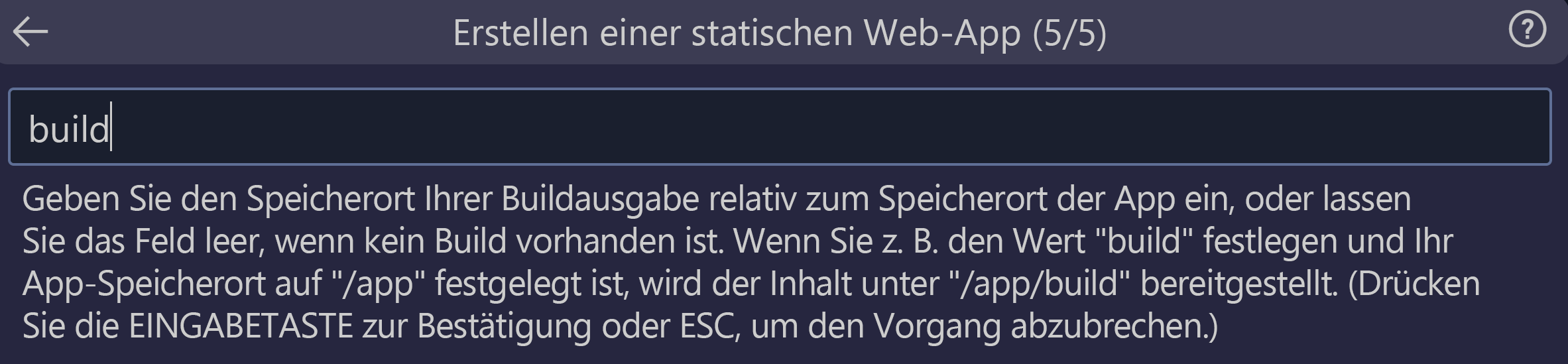 Screenshot, der zeigt, wie der Ausgabepfad des Builds für React eingegeben wird.