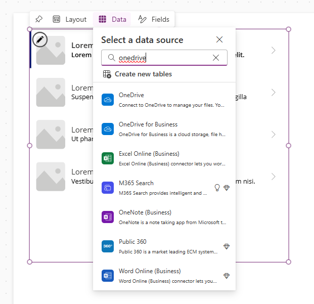 Screenshot der Katalogansicht und des Hinzufügens von OneDrive for Business in Ihrer App