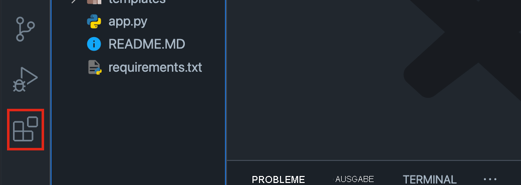Screenshot: Aktivitätsleiste in Visual Studio Code mit hervorgehobenem Symbol „Erweiterungen“