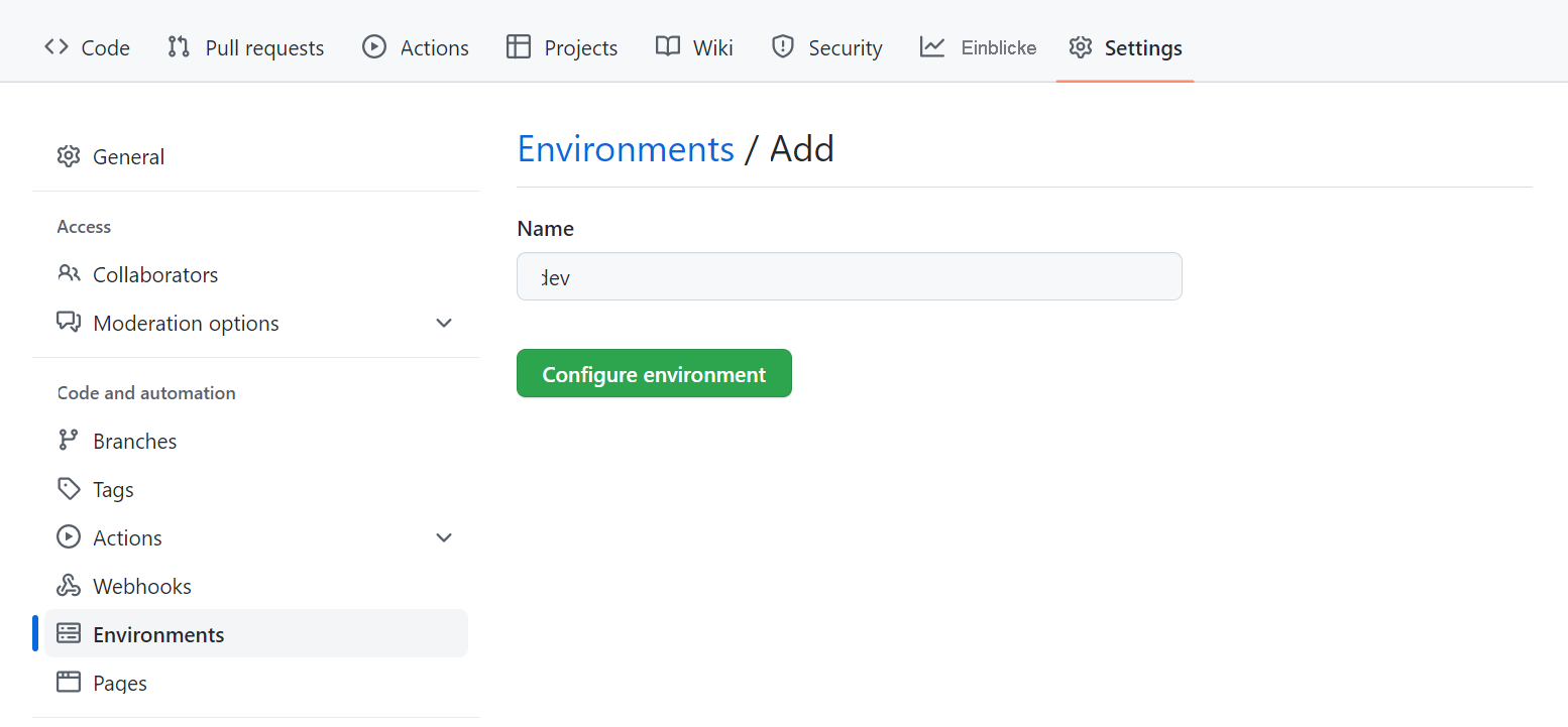 Screenshot der Erstellung einer neuen Umgebung in GitHub.