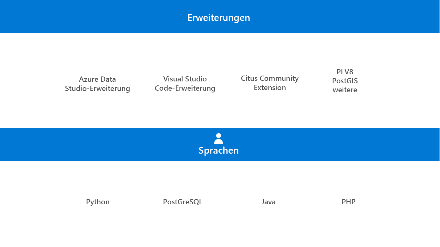Screenshot mit PostgreSQL-Erweiterungen und -Sprachen.