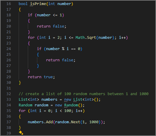 Screenshot von GitHub Copilot, der die Liste der Zahlen vervollständigt.