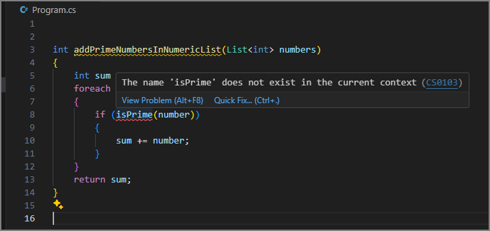 Screenshot der mit Ihrem Code zusammengeführten addPrimeNumbersInNumericList-Methode mit rot unterstrichenem isPrime.