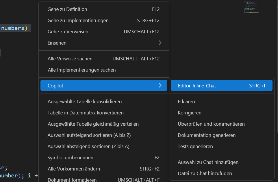 Screenshot, der zeigt, wie Sie über das Menü GitHub Copilot in Visual Studio Code auf den Inline-Chat zugreifen können.