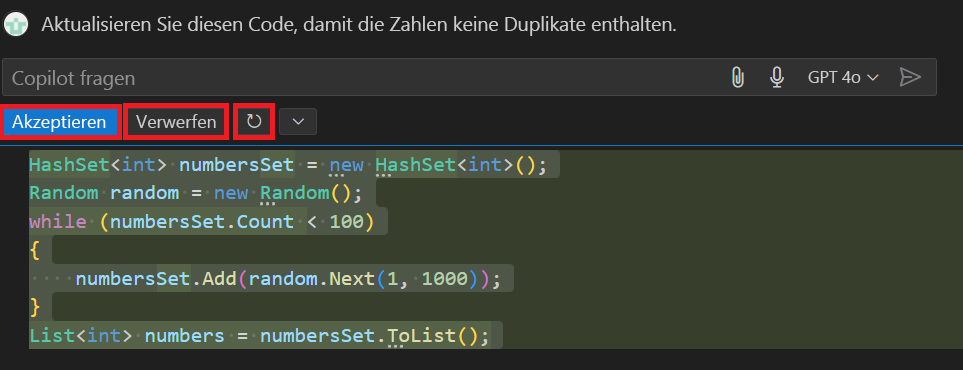 Screenshot mit vorgeschlagenem Update aus inline-Chat in Visual Studio Code.
