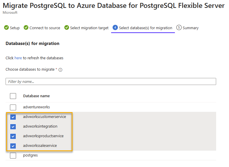 Screenshot des Azure-Portals mit der Auswahl der Migrationsprojektdatenbank.