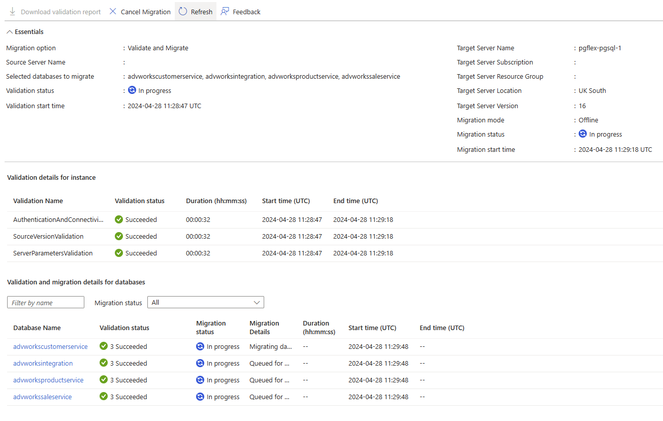 Screenshot des Azure-Portals mit der Überprüfung und dem Migrationsstatus der Migrationsprojektdatenbank.
