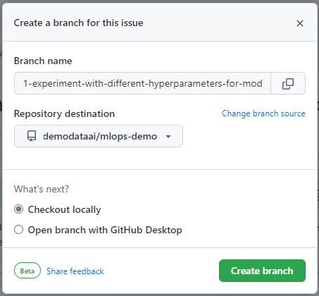 Screenshot: aus Issue erstellter GitHub-Respositorybranch