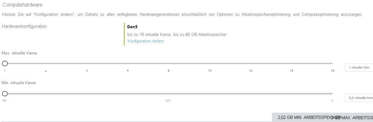 Screenshot mit den serverlosen Einstellungen im Azure-Portal.