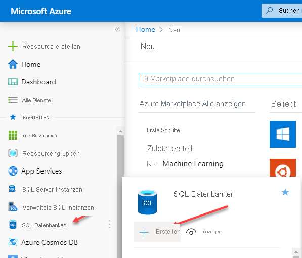 Screenshot der Azure-Portal-Azure SQL-Datenbankbereitstellungsseite.