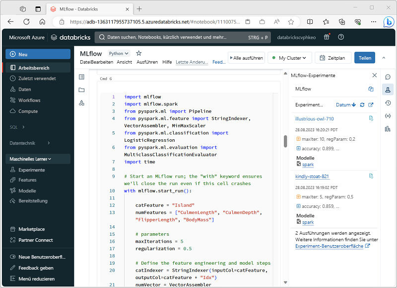 Screenshot des Azure Databricks-Portals für die Machine Learning Persona.