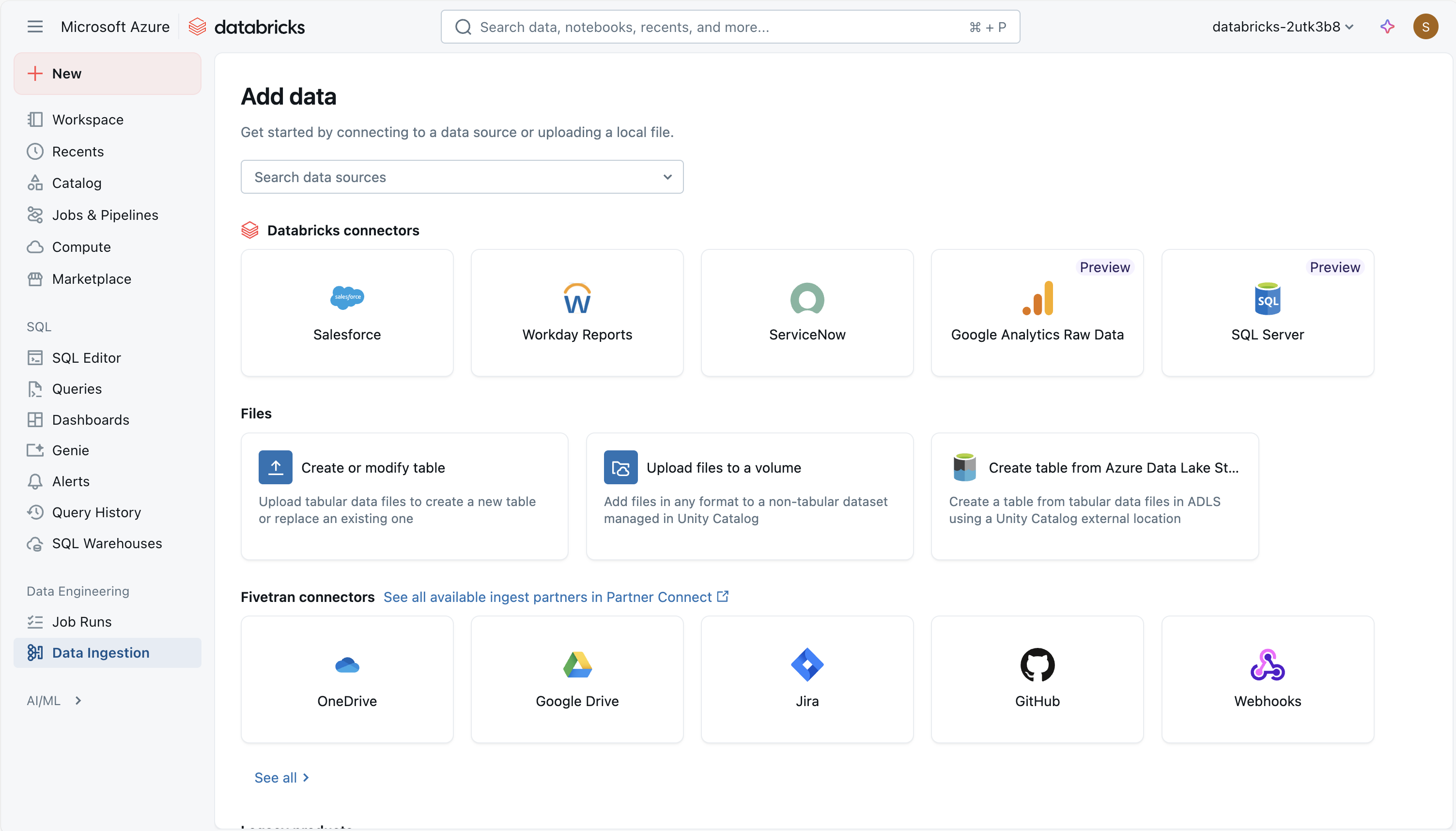 Screenshot des Hinzufügens von Daten zu Azure Databricks.