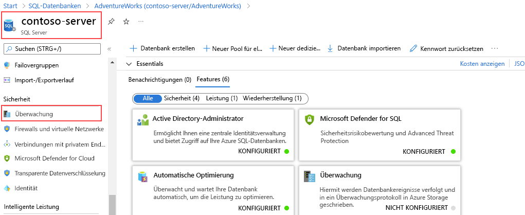 Screenshot der Überwachungsoption im Abschnitt „Sicherheit“ eines SQL-Servers.