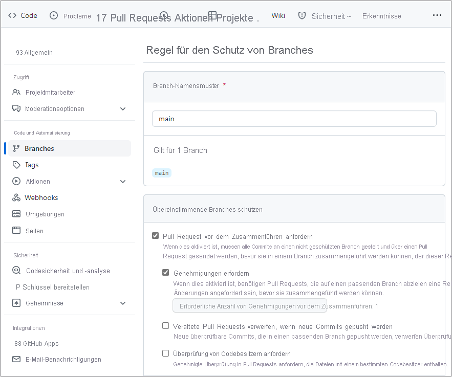 Screenshot der Konfiguration einer Branchschutzregel in GitHub