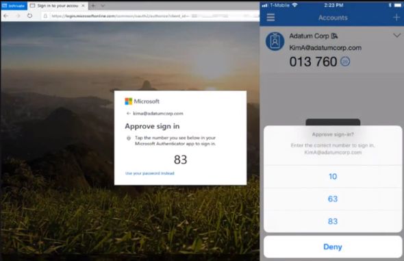 Bildschirmaufnahme der kennwortlosen Microsoft Authenticator-Anmeldung mit Nummernabgleich.