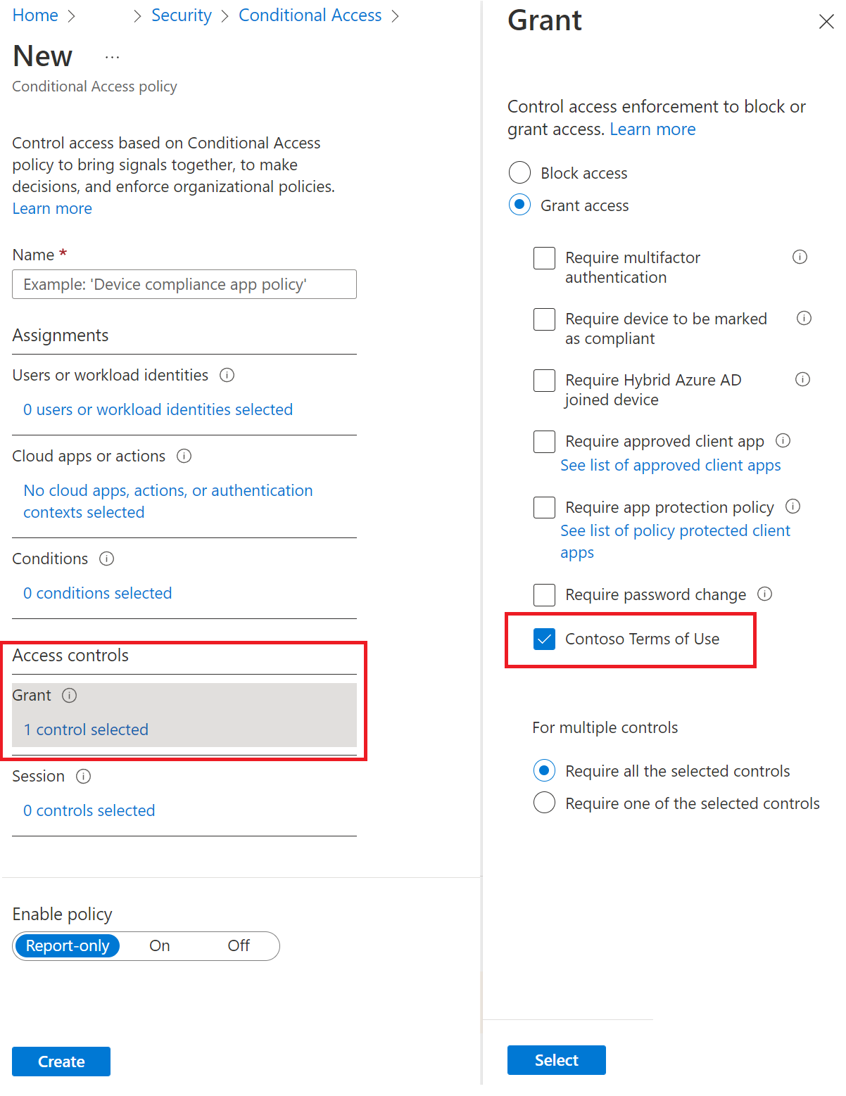 Screenshot der Einrichtungsseite für bedingten Zugriff von Microsoft Entra, auf der das Hinzufügen von Nutzungsbedingungen für den Zugriff auf Ressourcen angezeigt wird.