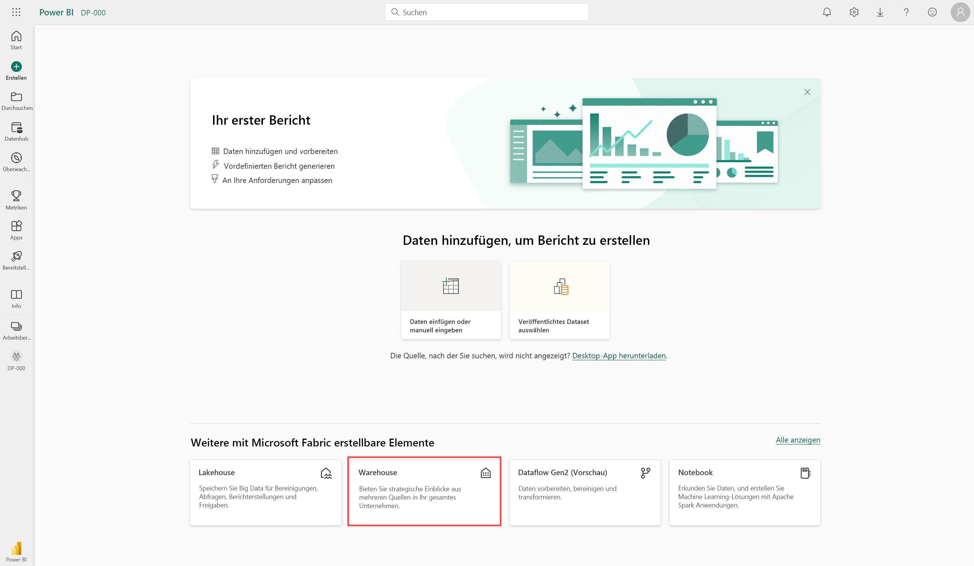 Screenshot der Fabric-Benutzeroberfläche mit einem Pfeil, der auf den Create Hub zeigt.