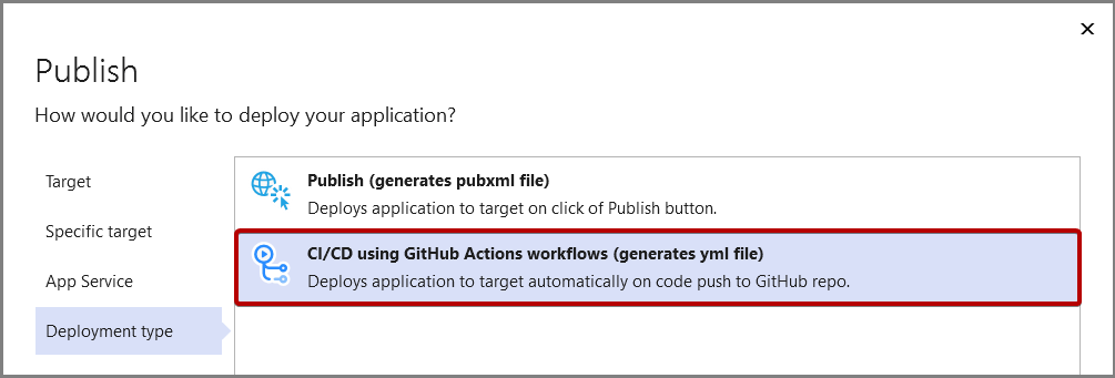 Screenshot, der die Veröffentlichungsoption CI/CD zeigt.