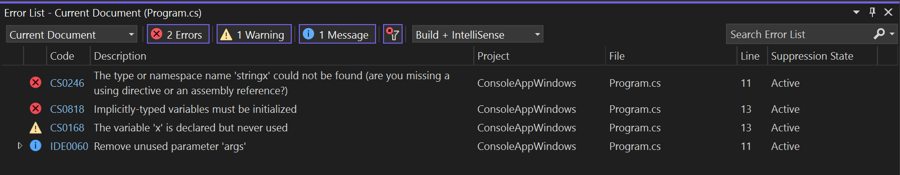 Screenshot der Analyseverletzungen im Fenster 