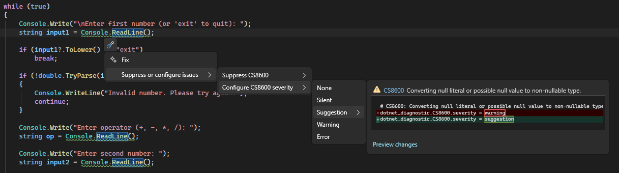 Screenshot mit ausgewähltem Regelschweregrad im Menü in Visual Studio.