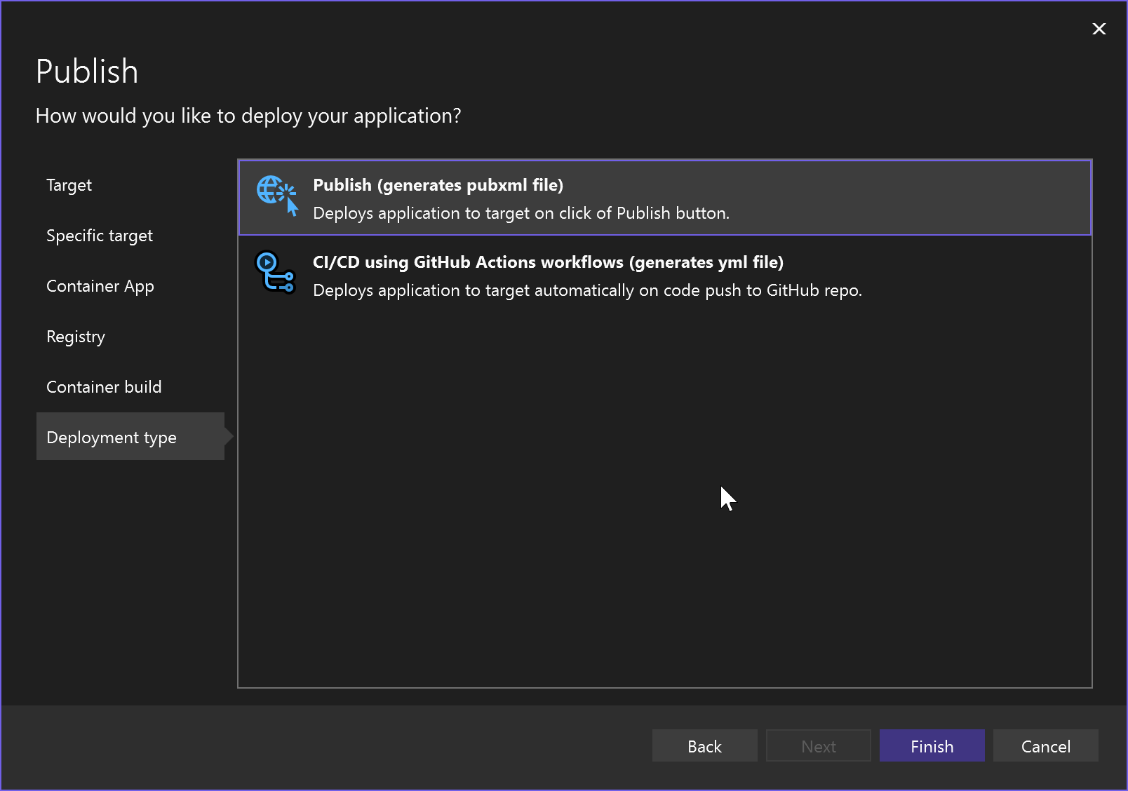 Screenshot der Auswahl des Bereitstellungstyps, wobei die Option zum Veröffentlichen in einer pubxml-Datei ausgewählt ist.