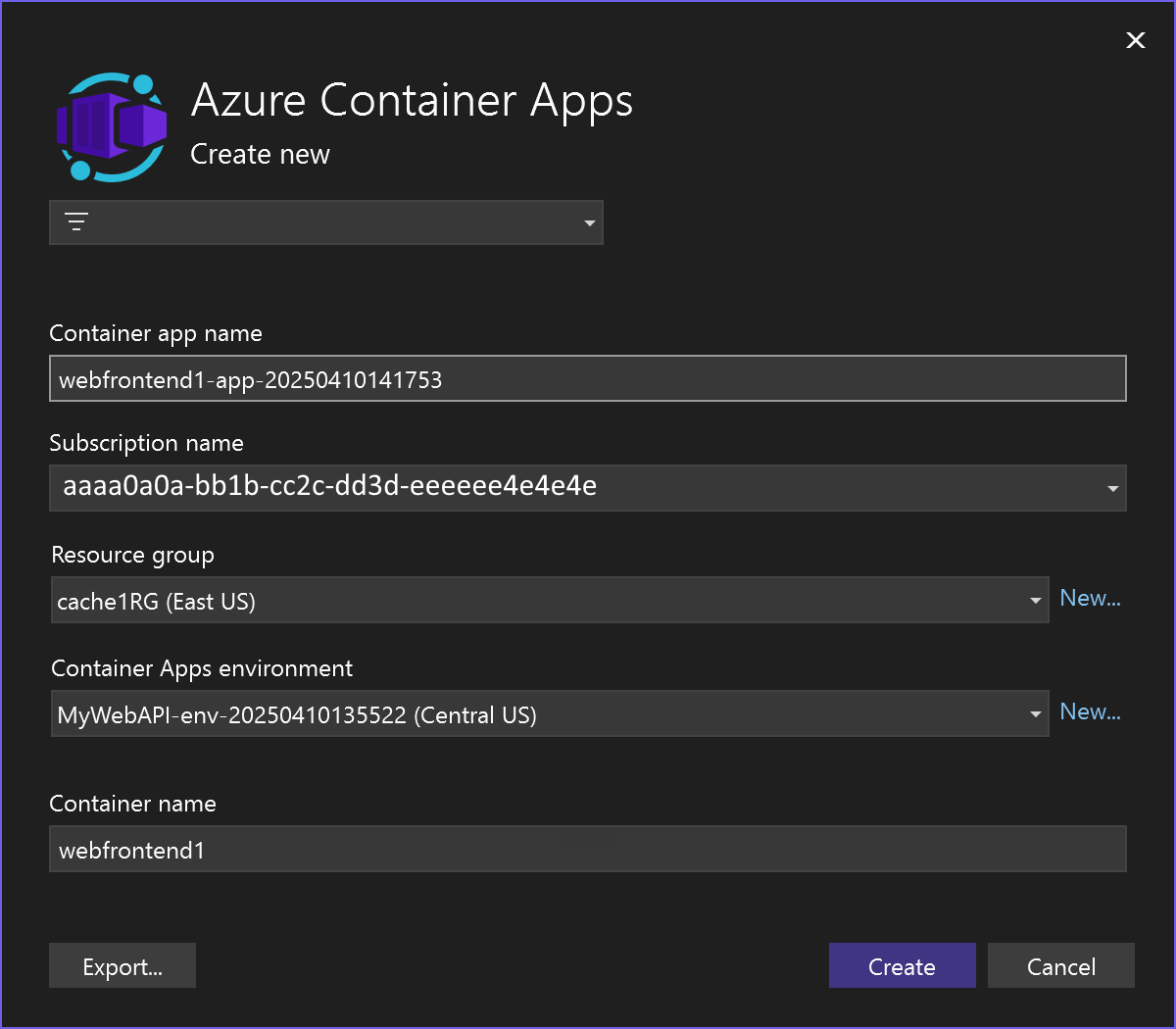 Screenshot des Bildschirms im Veröffentlichungsprozess, in dem Sie einen vorhandenen Container angeben oder einen neuen container für Webfrontend erstellen.
