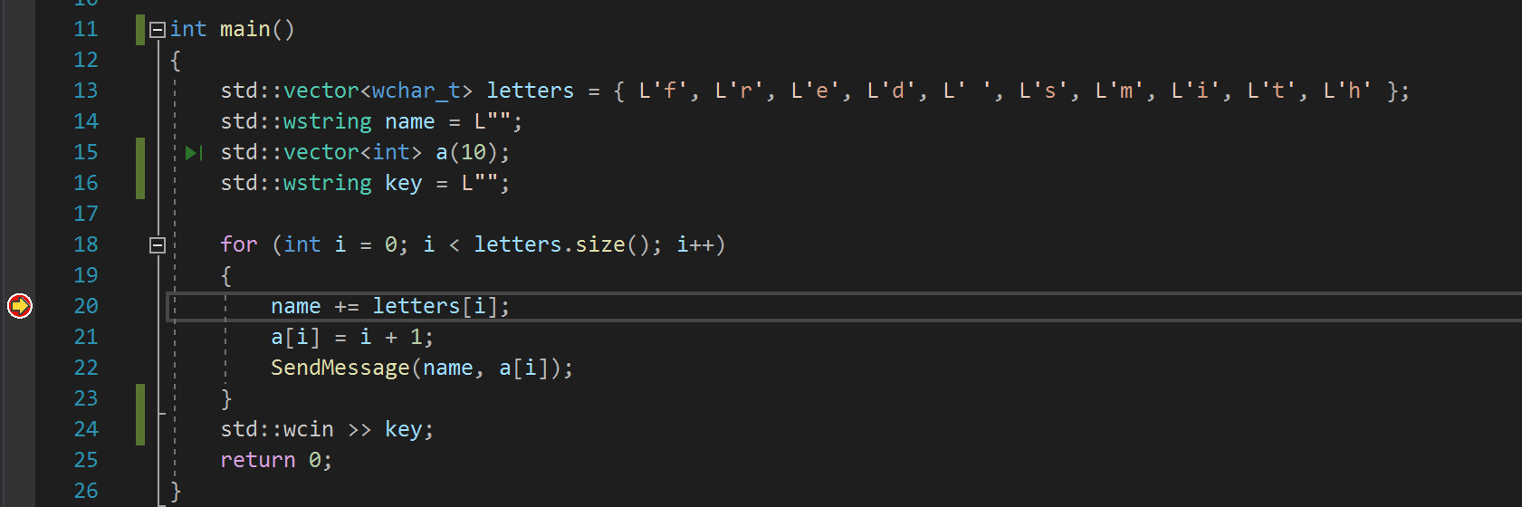 Screenshot, der zeigt, dass der Debugger am aktivierten Haltepunkt in Visual Studio pausiert.