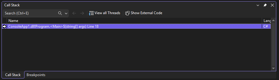 Screenshot des Fensters, das den Aufrufstapel anzeigt.