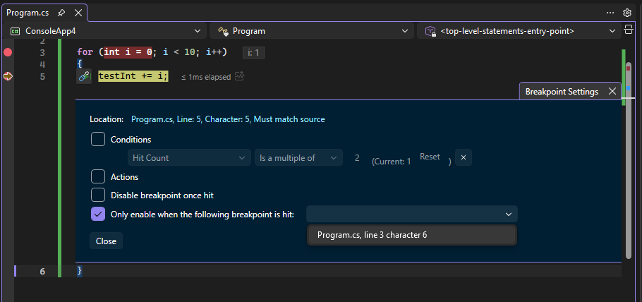 Screenshot eines abhängigen Haltepunkts.