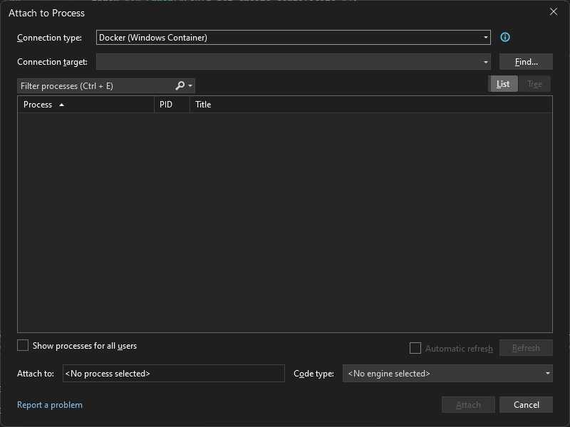 Screenshot des Dialogfelds „An Prozess anhängen“ in Visual Studio, das den Verbindungstyp „Docker (Windows-Container)“ zeigt