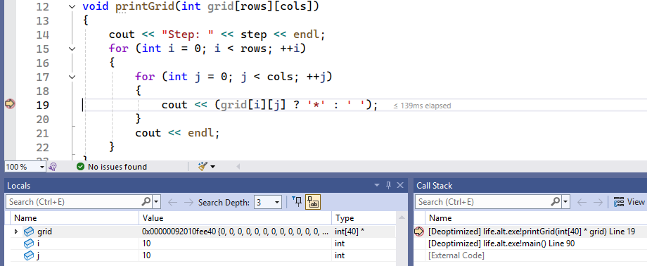Ein Screenshot, der das Debuggen der printGrid-Funktion zeigt.