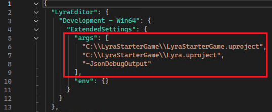 Screenshot der datei UETargetProperties.json mit hervorgehobenen Args-Element