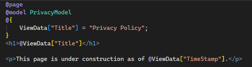 Screenshot zeigt die Datei Privacy.cshtml, die im Visual Studio Code-Editor mit dem aktualisierten Text geöffnet ist.