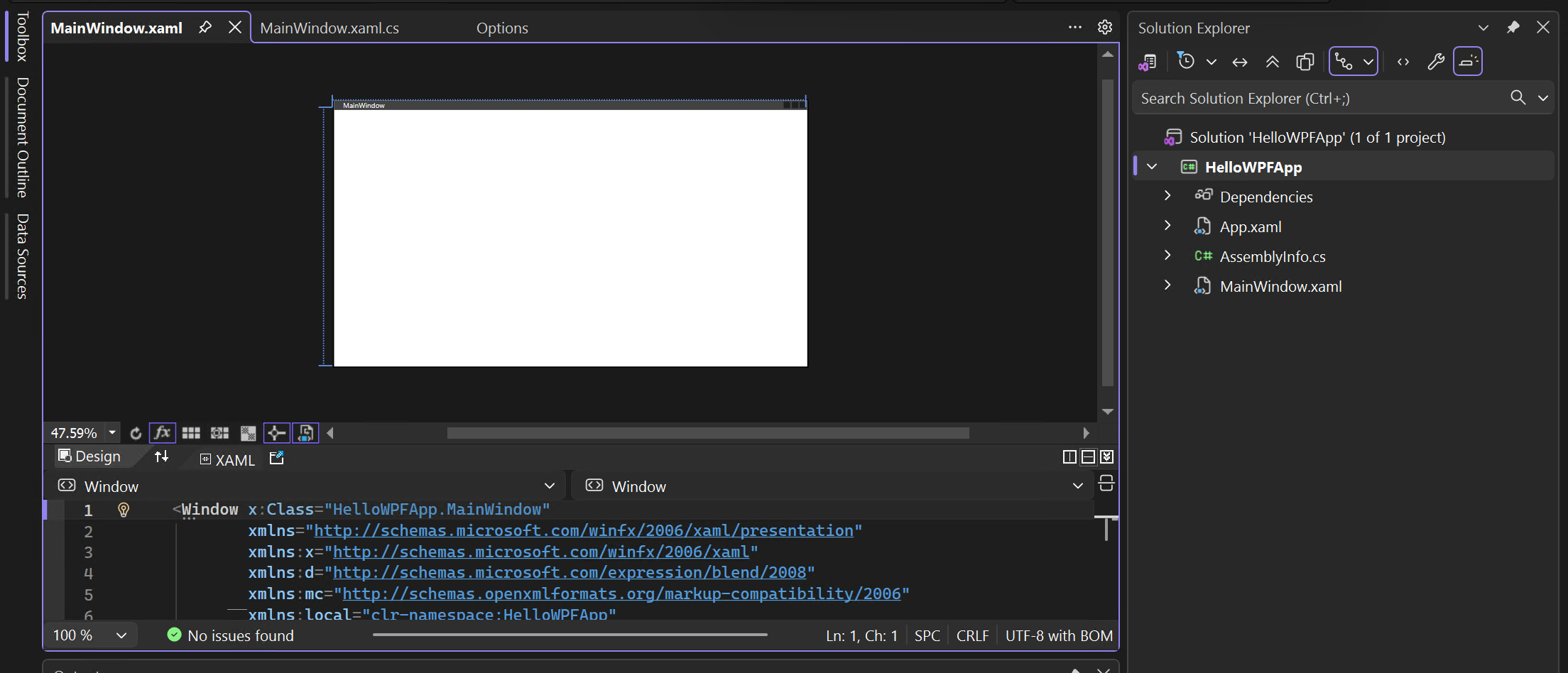 Screenshot des Projekts und der Projektmappe mit dem Projektmappen-Explorer sowie den geöffneten XAML- und Designer-Ansichten von „MainWindow.xaml“