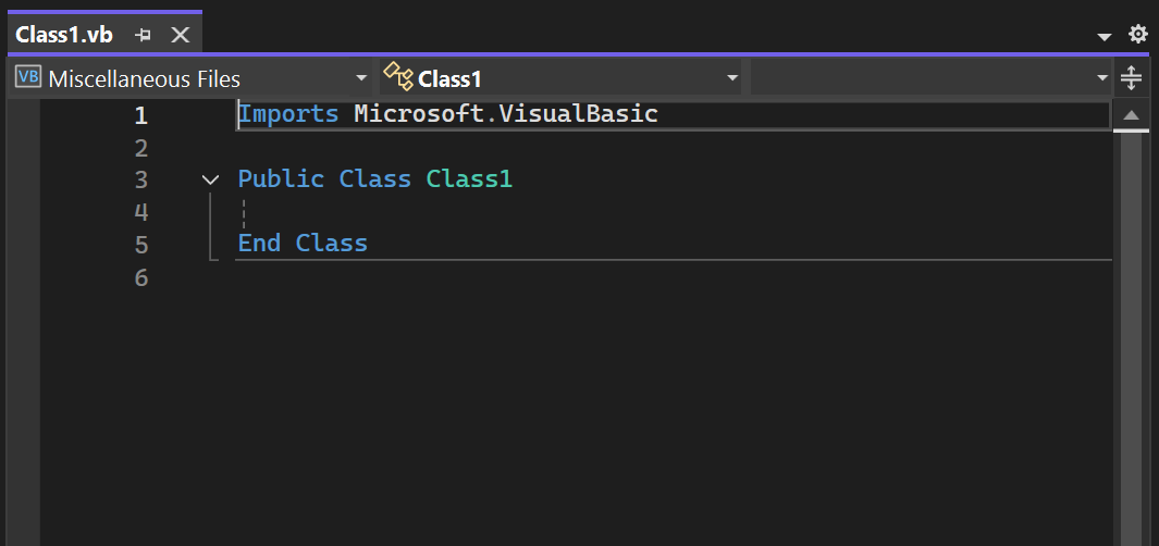 Screenshot einer neuen Visual Basic Klassendatei im Code-Editor von Visual Studio.