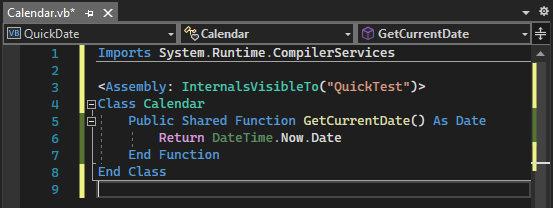 Screenshot mit dem Code für Calendar.vb im Visual Basic Code-Editor-Fenster nach dem Hinzufügen der Import-Anweisungs- und Assembly-Attributzeilen.