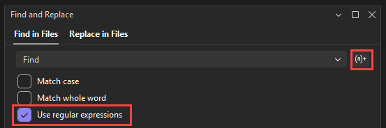 Screenshot: Dialogfeld „Suchen in Dateien“ mit Hervorhebung der Schaltfläche für den Ausdrucks-Generator und des Kontrollkästchens „Reguläre Ausdrücke verwenden“