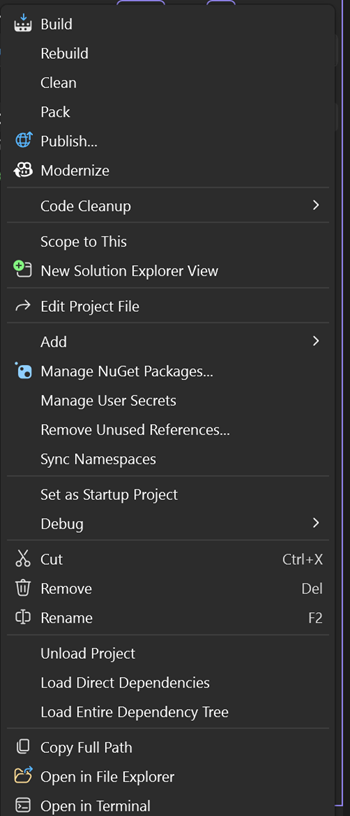Screenshot des Kontextmenüs aus einem Projektknoten im Projektmappen-Explorer.
