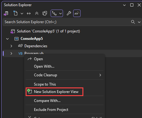 Screenshot von „Neue Projektmappen-Explorer-Ansicht“ aus dem Rechtsklick-Kontextmenü im Projektmappen-Explorer.